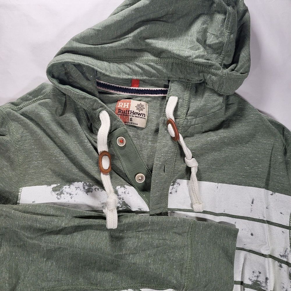 Ruff Hewn Men's Small Lightweight Green White Stripe Henley Hoodie